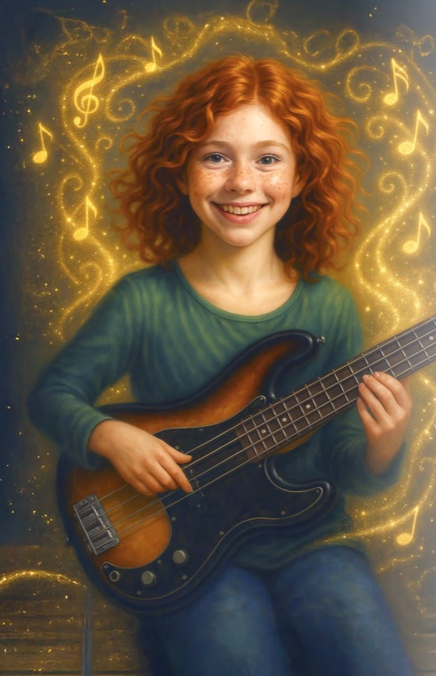Elowyn playing bass guitar surrounded by golden notes