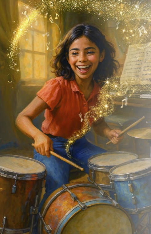 Kennedy playing drums with golden musical sparks rising from the kit
