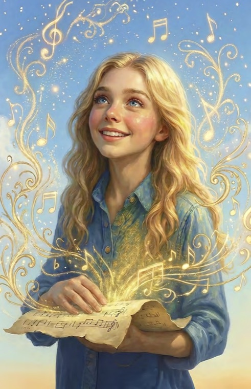 Genevieve holding glowing sheet music as golden notes swirl around her