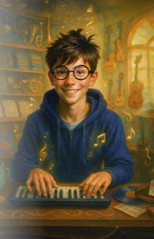 Maveric playing a keyboard in a music shop