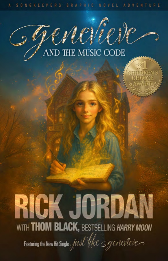 Cover of Genevieve and the Music Code, showing Genevieve holding a glowing journal